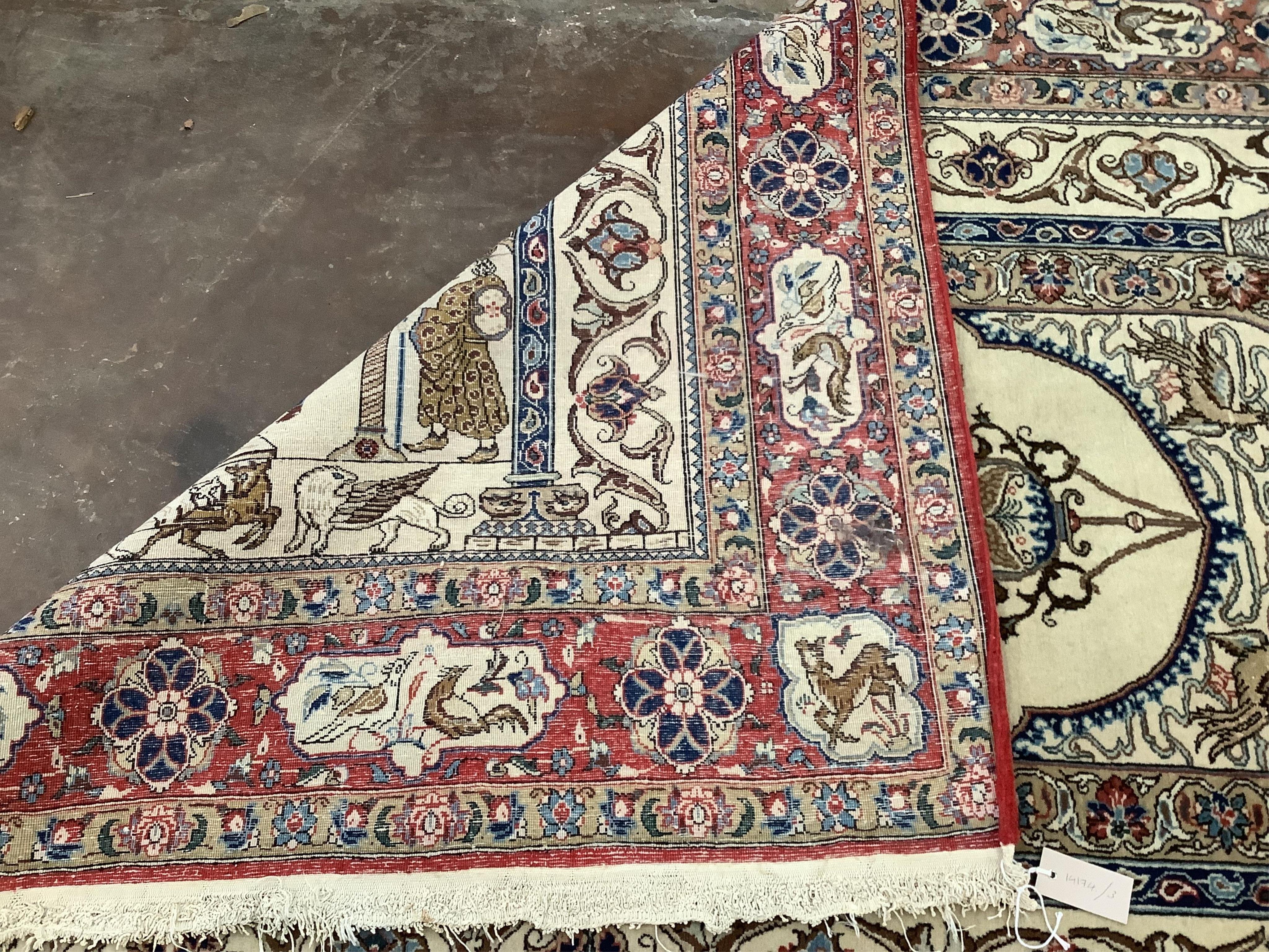 An unusual Isphahan pictorial prayer rug, woven with figures and animals, 195 x 140cm
